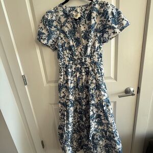 Maeve Blue and White Floral Midi Dress